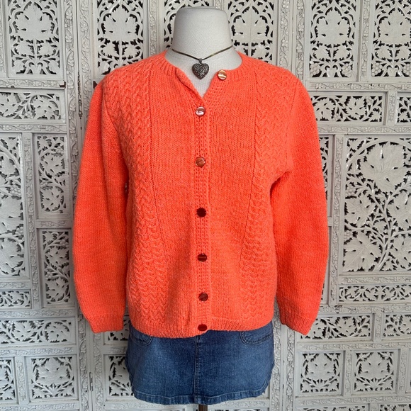 Handmade Knit Chunky Neon Orange Grannycore Button Up Cardigan Sz Small - Picture 1 of 6